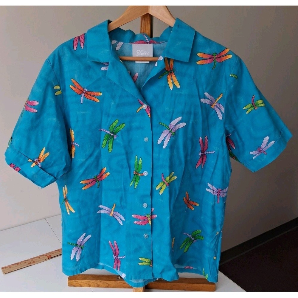 Vtg Blair Womens Large Dragonfly Button Down Shirt Bright Color Oversized Granny